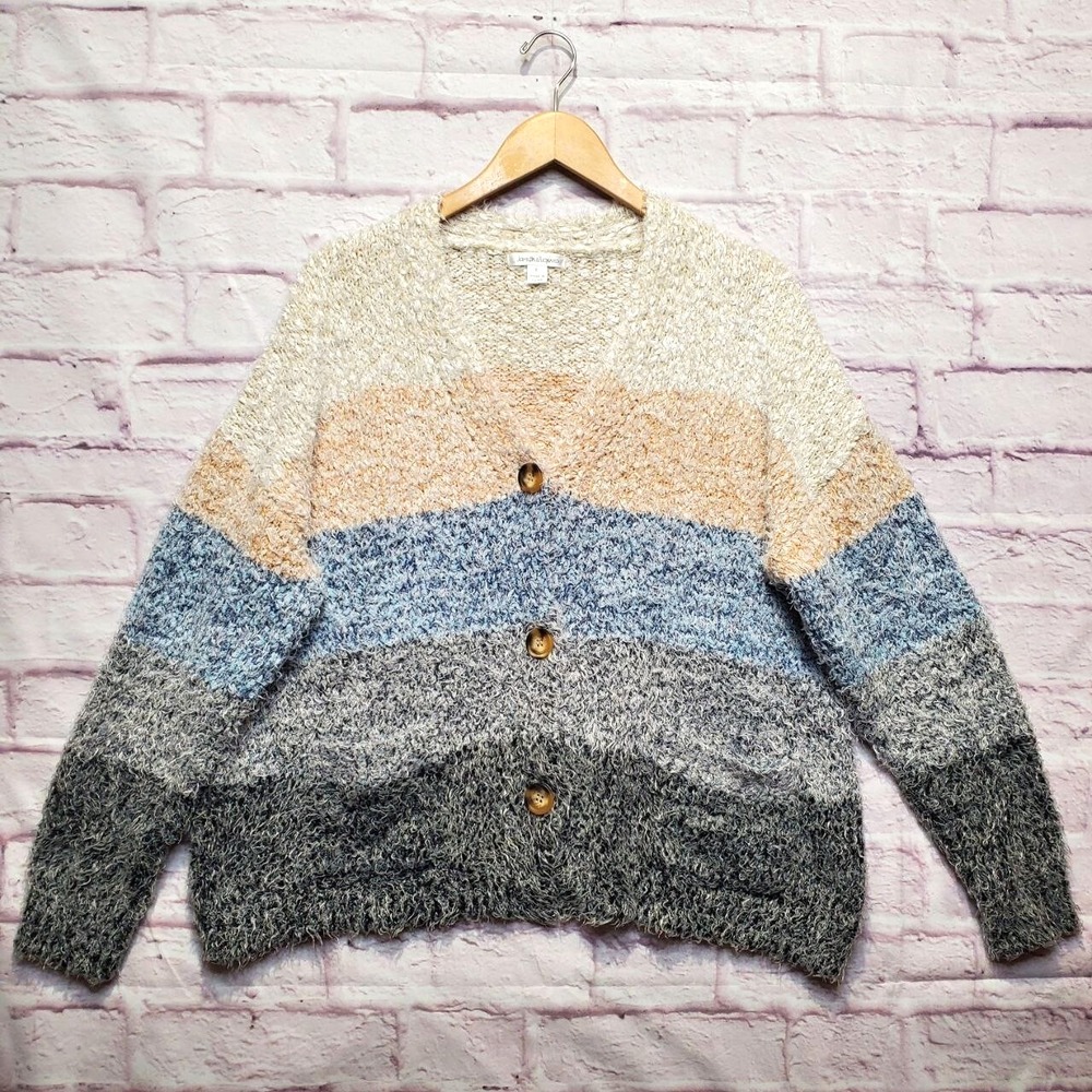 John Paul Richard Cardigan Sweater Womens‎ Large Blue Gray Stripe Pockets Soft